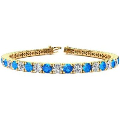 Blue Gemstones | December Birthstone | Blue Topaz Bracelet | 10 1/3 Carat Blue Topaz and Diamond Tennis Bracelet In 14 Karat Yellow Gold, 7 Inches | SuperJeweler