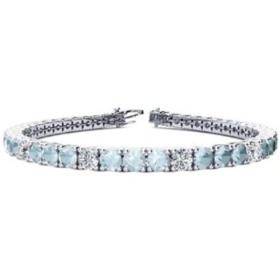 Aquamarine Bracelet | March Birthstone | 7 3/4 Carat Aquamarine and Diamond Alternating Tennis Bracelet In 14 Karat White Gold, 7 Inches