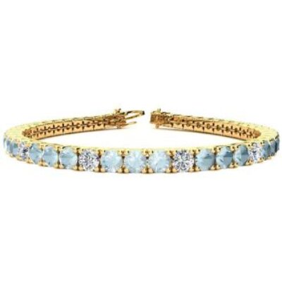 Aquamarine Bracelet | March Birthstone | 7 3/4 Carat Aquamarine and Diamond Alternating Tennis Bracelet In 14 Karat Yellow Gold, 7 Inches