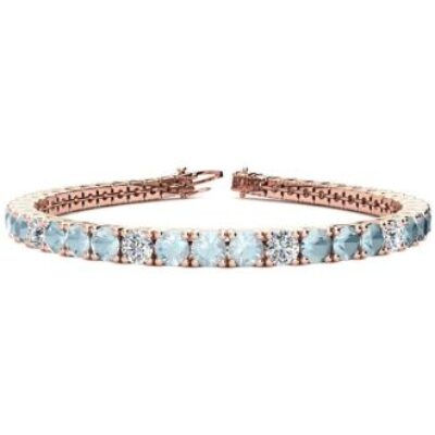 Aquamarine Bracelet | March Birthstone | 7 3/4 Carat Aquamarine and Diamond Alternating Tennis Bracelet In 14 Karat Rose Gold, 7 Inches