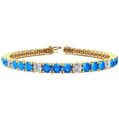 Blue Gemstones | December Birthstone | Blue Topaz Bracelet | 11 Carat Blue Topaz and Diamond Alternating Tennis Bracelet In 14 Karat Yellow Gold, 7 Inches | SuperJeweler