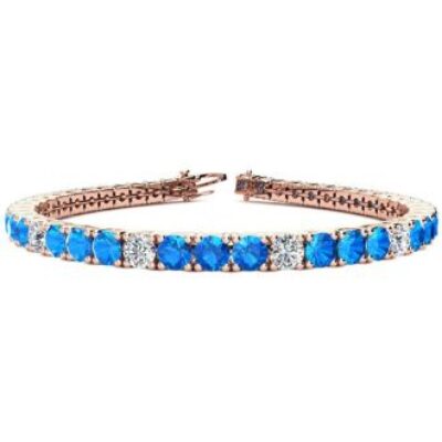 Blue Gemstones | December Birthstone | Blue Topaz Bracelet | 11 Carat Blue Topaz and Diamond Alternating Tennis Bracelet In 14 Karat Rose Gold, 7 Inches | SuperJeweler