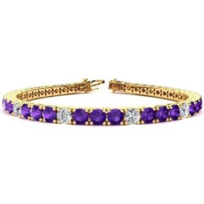 Purple Gemstones | Amethyst Bracelet | February Birthstone | 9 1/5 Carat Amethyst and Diamond Alternating Tennis Bracelet In 14 Karat Yellow Gold, 7 Inches | SuperJeweler