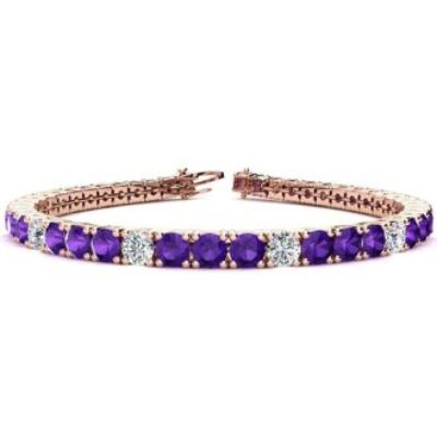 Purple Gemstones | Amethyst Bracelet | February Birthstone | 9 1/5 Carat Amethyst and Diamond Alternating Tennis Bracelet In 14 Karat Rose Gold, 7 Inches | SuperJeweler