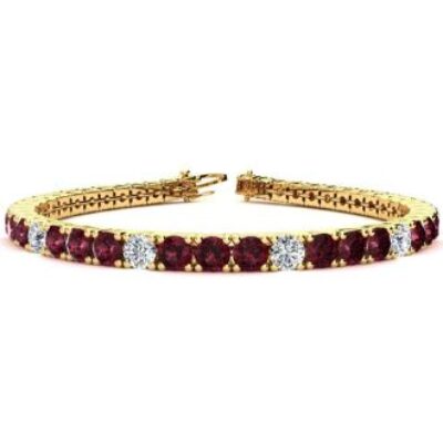 Garnet Bracelet | January Birthstone | 10 Carat Garnet and Diamond Alternating Tennis Bracelet In 14 Karat Yellow Gold, 7 Inches