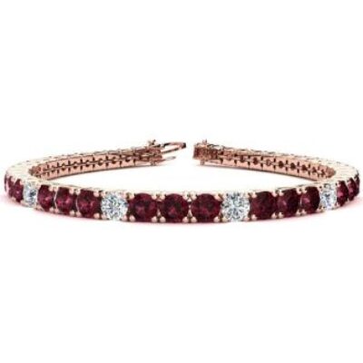 Garnet Bracelet | January Birthstone | 10 Carat Garnet and Diamond Alternating Tennis Bracelet In 14 Karat Rose Gold, 7 Inches