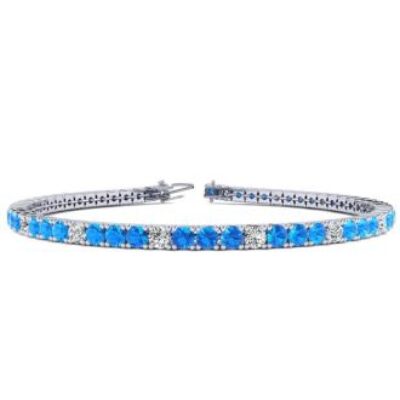 Blue Gemstones | December Birthstone | Blue Topaz Bracelet | 5 Carat Blue Topaz And Diamond Alternating Tennis Bracelet In 14 Karat White Gold, 7 Inches | SuperJeweler