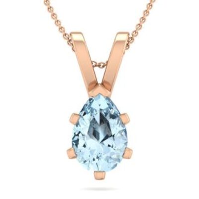 Aquamarine Necklace | March Birthstone | 1 Carat Pear Shape Aquamarine Necklace In 14K Rose Gold Over Sterling Silver, 18 Inches