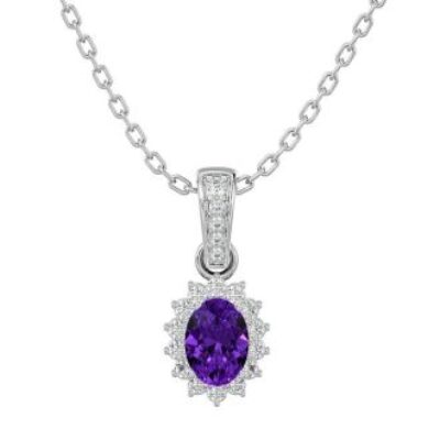 Amethyst Necklace | 1 Carat Oval Shape Amethyst and Diamond Necklace In 14 Karat White Gold | SuperJeweler