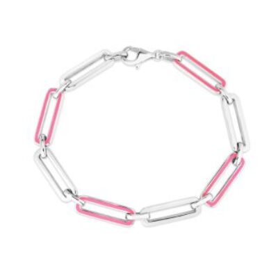 Sterling Silver and Pink Enamel Paperclip Bracelet, 7 Inches | SuperJeweler