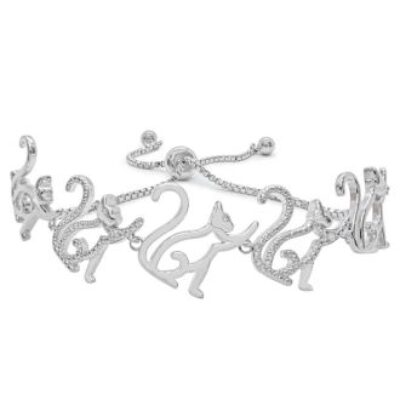 Diamond Accent Cat Adjustable Bolo Bracelet In Platinum Overlay, 7-10 Inches