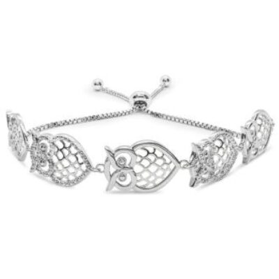 Diamond Accent Owl Adjustable Bolo Bracelet In Platinum Overlay, 7-10 Inches