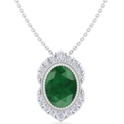 Emerald Necklaces | Oval Shape Emerald Necklaces With Diamond Halo In 14 Karat White Gold, 18 Inch Chain