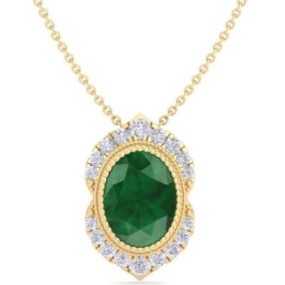 Emerald Necklaces | Oval Shape Emerald Necklaces With Diamond Halo In 14 Karat Yellow Gold, 18 Inch Chain