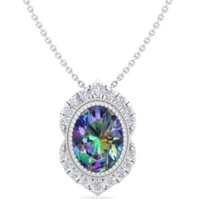 Mystic Topaz Necklace | Oval Shape Mystic Topaz Necklace With Diamond Halo In 14 Karat White Gold, 18 Inches