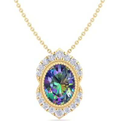 Mystic Topaz Necklace | Oval Shape Mystic Topaz Necklace With Diamond Halo In 14 Karat Yellow Gold, 18 Inches