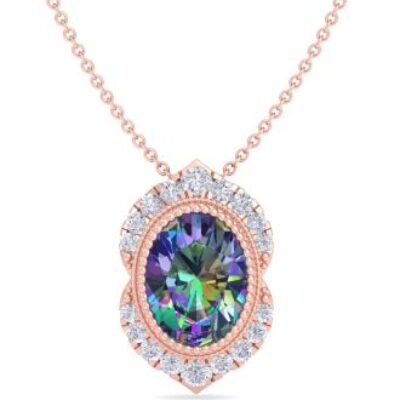 Mystic Topaz Necklace | Oval Shape Mystic Topaz Necklace With Diamond Halo In 14 Karat Rose Gold, 18 Inches