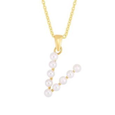 Initial Necklace | V Pearl Initial Necklace In 14K Yellow Gold